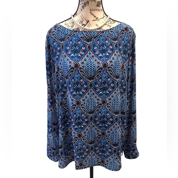 Ann Taylor Loft Large Blue Geometric Patterned Women's Top L/S Silky - Picture 1 of 6